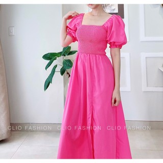 Đầm hồng smocking tay bồng