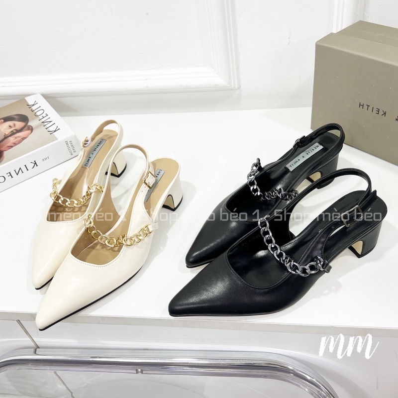Sandal cnk mũi nhọn đai xích ngang gót vuông xuất dư fullbox