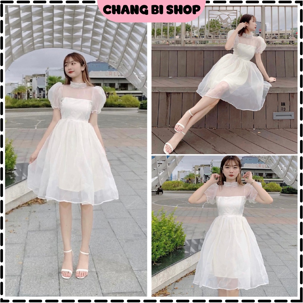 Đầm xòe tay phồng - Đầm dự tiệc trắng công chúa cổ xếp ly, chất liệu von 2 lớp siêu bồng bềnh Chang Bi Shop