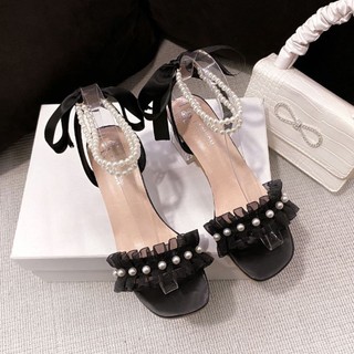 Gìay XKS78 Cao Gót GIÀY SANDAL CAO GÓT XKS78 QUAI BÈO ĐẾ TRONG,5P 2 MÀU ĐEN VÀ TRẮNG, ĐÍNH NGỌC THẮT NƠ NHẸ NHÀNG TINH T