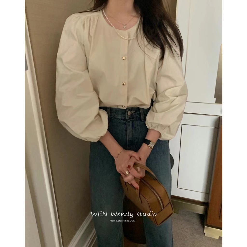 Áo Sơ Mi Nữ Cổ Tròn Dài Tay Dáng Rộng Cài Nút Hình Trái Tim Thời Trang Mù