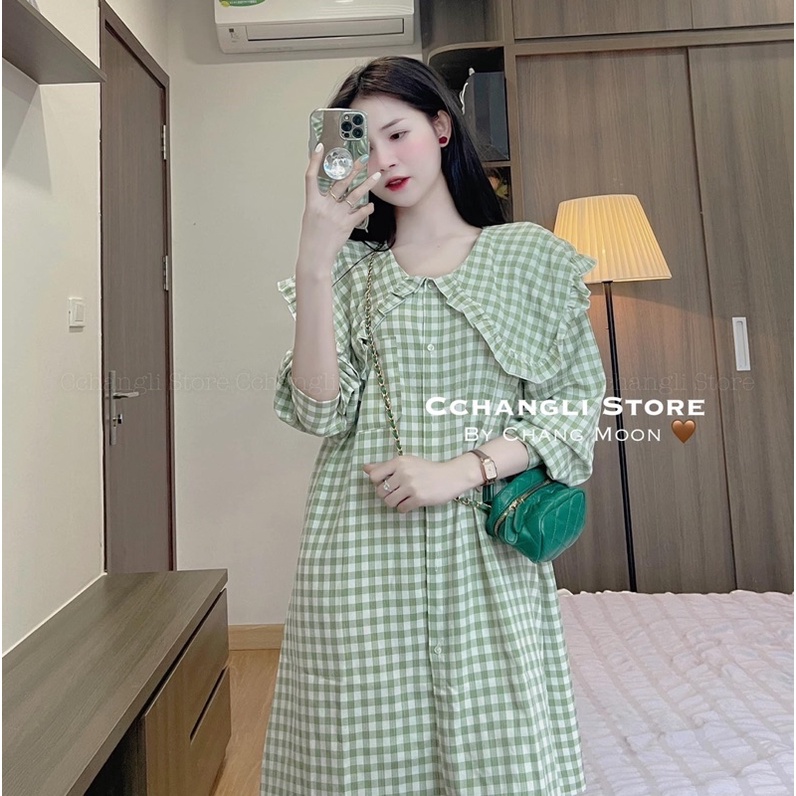 Váy CARO XANH cổ sen viền bèo dáng babydoll tay lỡ