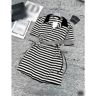 Đầm sọc kẻ thun co giãn khoét eo cột dây