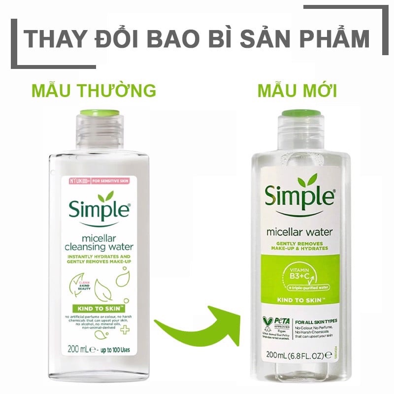 Nước tẩy trang Simple Micellar làm sạch 99% trang điểm, cho da thoáng mịn tức thì