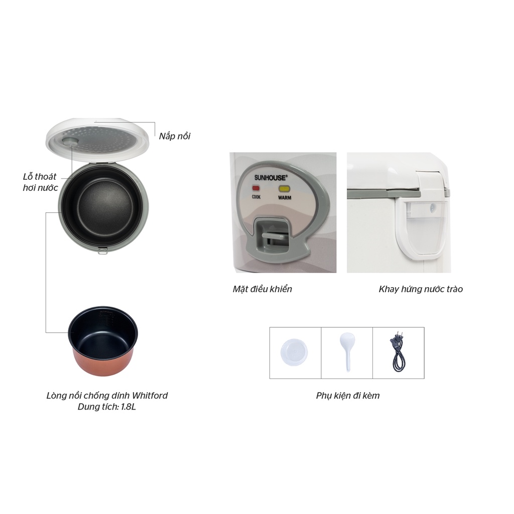 Nồi cơm điện 1.8 lít Chính Hãng Sunhouse SHD8602