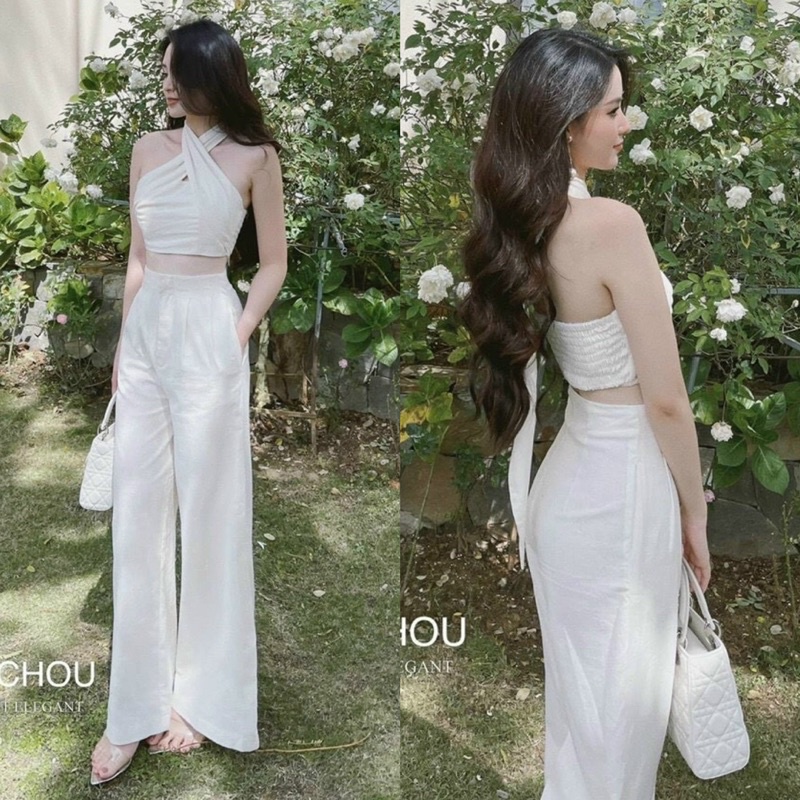 set áo crop nhúng thun + quần suông