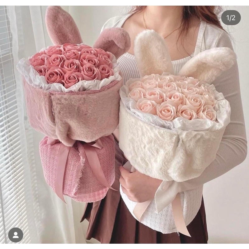 Vải lông mịn tai thỏ bó hoa phong cách hàn quốc hiện đại, xinh xắn