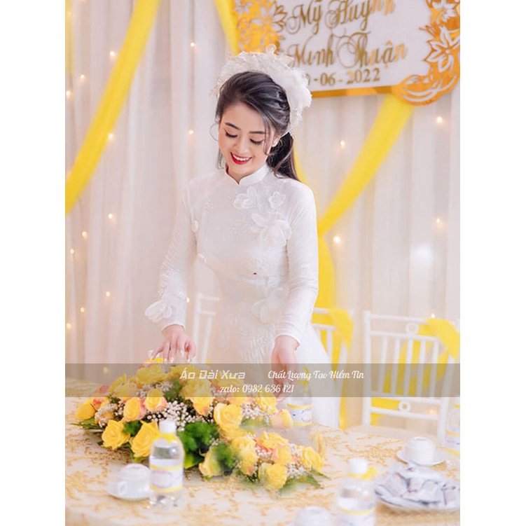 Áo Dài Cưới Cô Dâu Trắng Hoa Thủ Công MB09