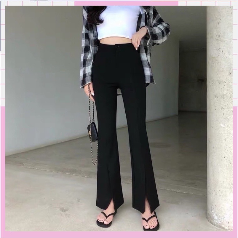 Quần vải ống loe rộng suông đứng, quần tây nữ cạp cao xẻ tà ống vảy dài chất liệu tuyết mưa cao cấp