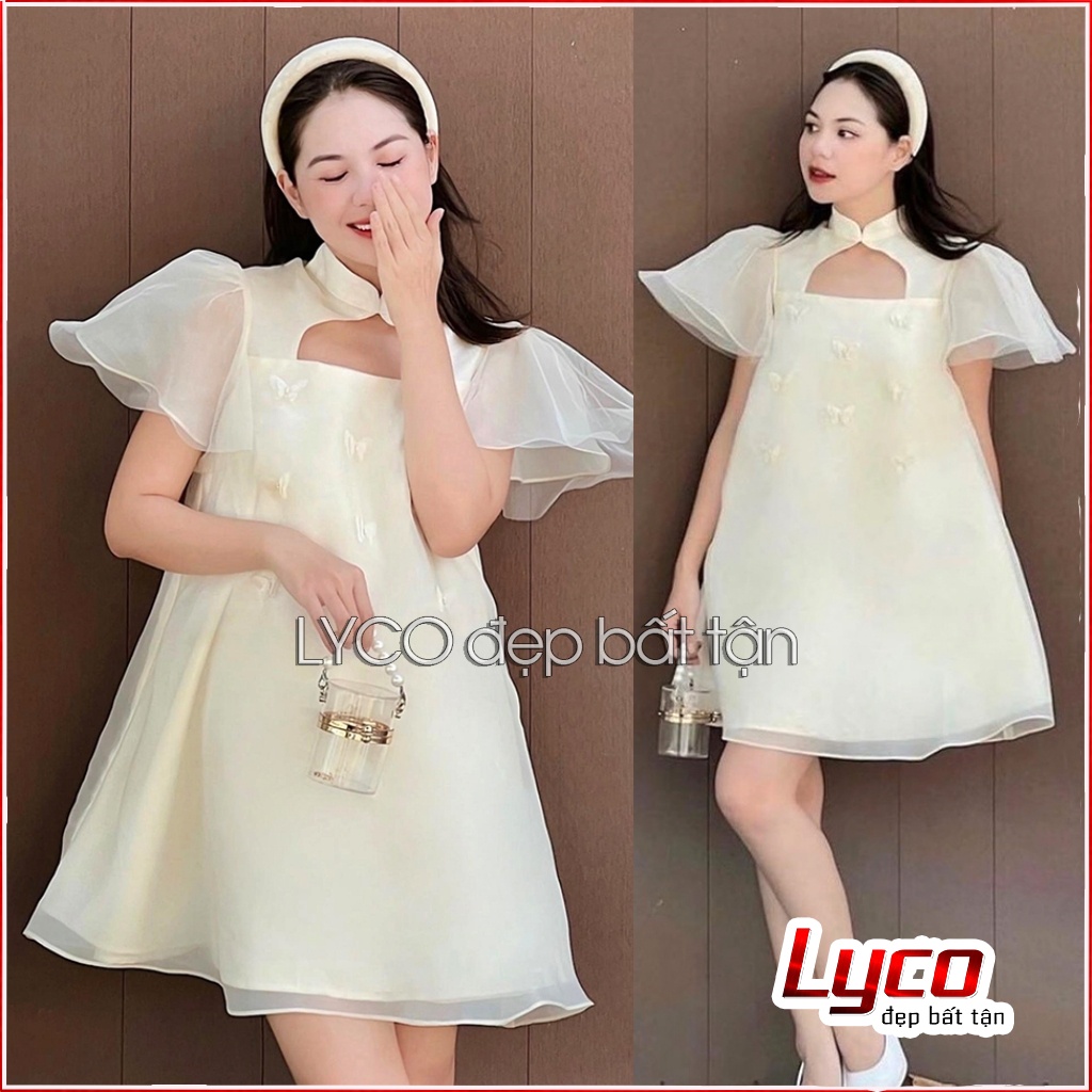 Đầm nữ freesize babydoll tay lỡ cánh tiên đính bướm khoét ngực chất voan Organza Lyco váy thiết kế mới