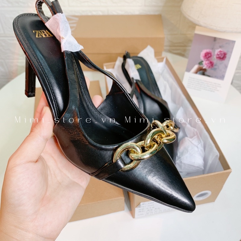 Giày 9cm mũi nhọn phối dây xích xuất ZR full box MS-7164