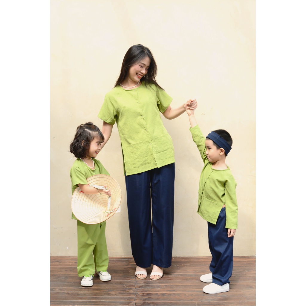 Xanh/Hồng_Bộ Bà ba NGẮN TAY áo đũi xước nhật quần dài thô hàn Bà ba Colorful Set