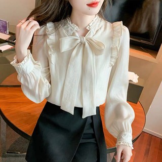 Áo sơ mi voan tơ 2 lớp đính ngọc sang chảnh cổ bèo tay phối ngọc, áo voan tơ điệu Vocanlus SM4