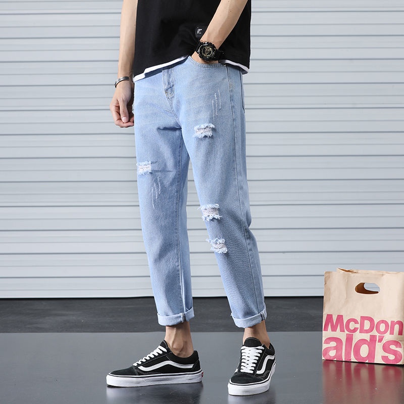 Quần Jeans Dài Ống Rộng Rách Gối Thời Trang Mùa Hè Cho Nam