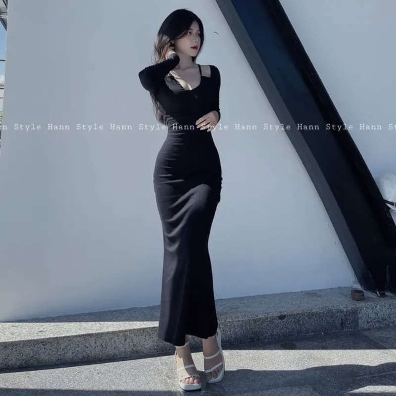 Đầm Body Dáng Dài Đuôi Cá Tay Dài Dây Cổ Sang chảnh Nữ Tính Thời Trang Nữ Nine Clothing