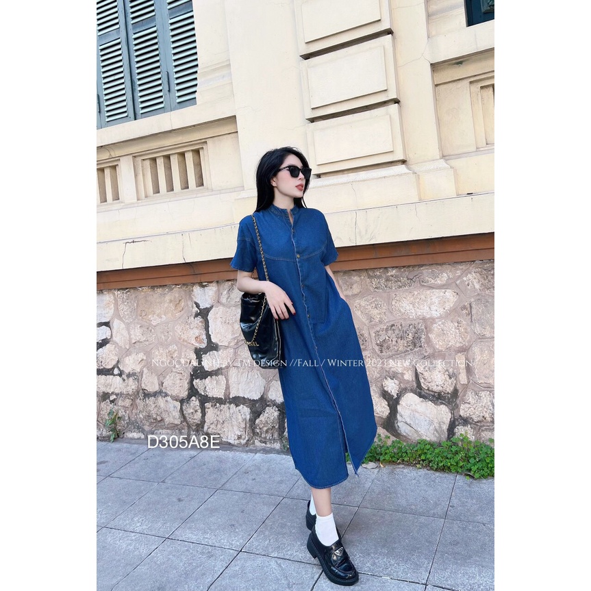 Đầm Sơ Mi Denim Dáng Dài Phong Cách Hàn ,Váy Bò Suông Ngắn Tay Cổ Trụ Thanh Lịch Màu Đậm /Nhạt