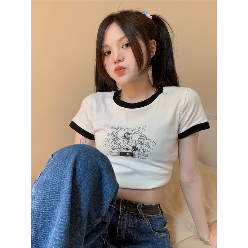 Áo croptop quốc dân viền đen in hình 5d siêu nét ⚡ Casper.Store | FREESHIP | ⚡ Áo dáng ôm basic Hàn Quốc