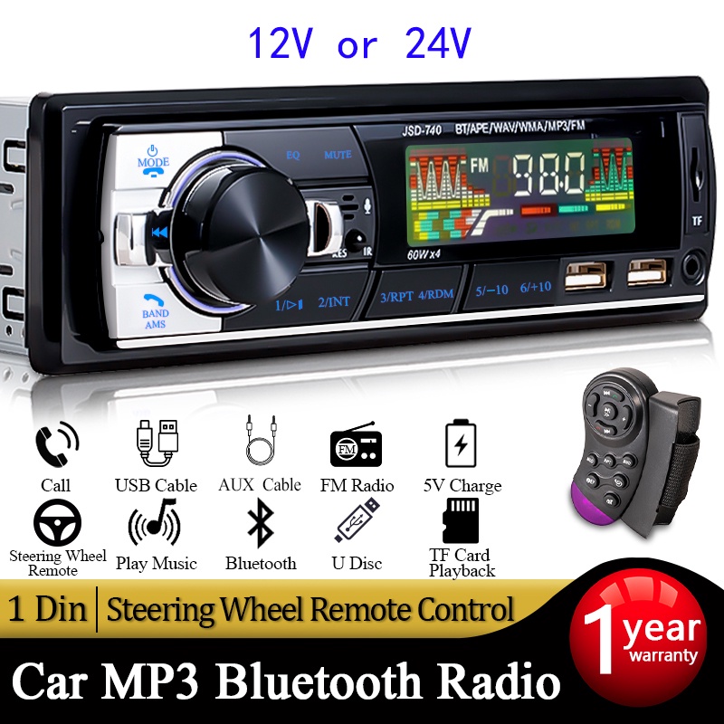 Car Radio Audio 1din Bluetooth Stereo MP3 Player FM Receiver 60Wx4 12V/24v Support Charging USB/TF Card With Remote Control | BigBuy360 - bigbuy360.vn