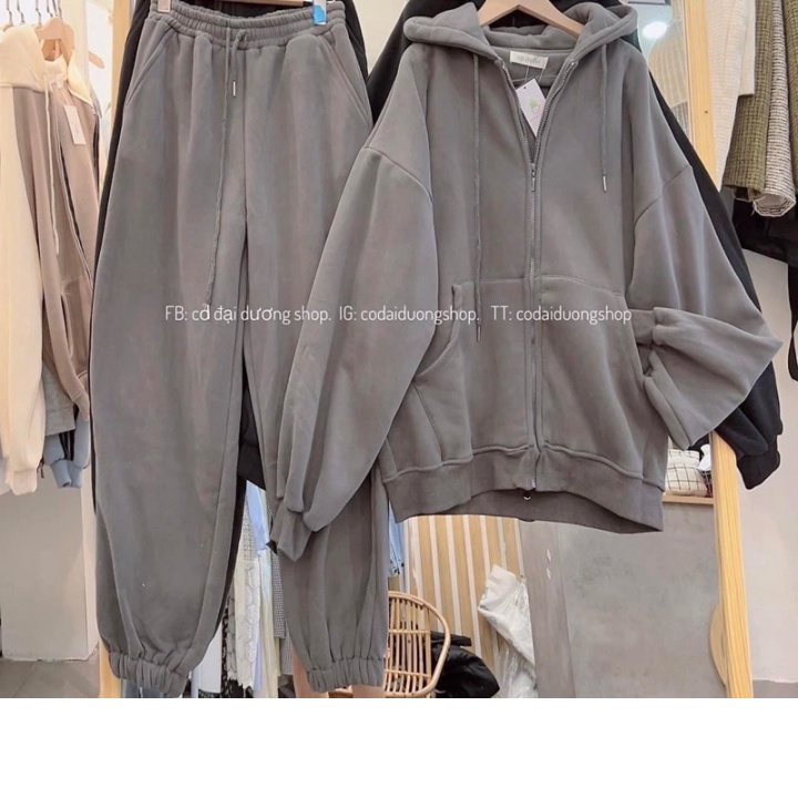 - - BỘ NỈ TRƠN DÁNG DÀI (áo khoác nỉ mũ 2 lớp+ quần thụng boom) - - mẫu hot
