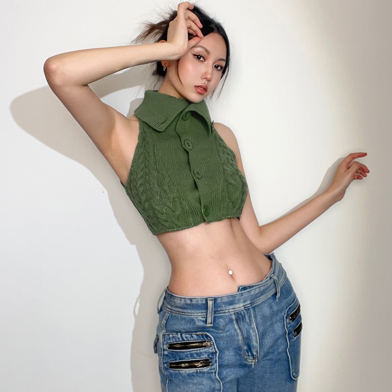 Weird Puss Áo Dệt Kim Sát Nách Cổ Cao Dáng Ôm Màu Trắng / Xanh Lá Phong Cách retro Đường Phố Cho Nữ