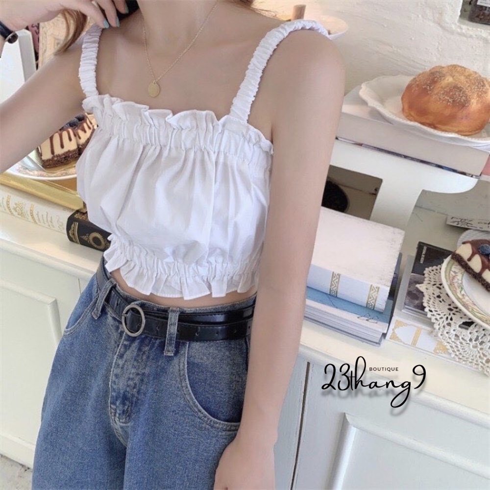 Áo 2 dây croptop nữ chất dúm thiết kế chun co dãn phong cách Hàn Quốc kêt hợp với quần jean đi chơi đi biển siêu xinh A2