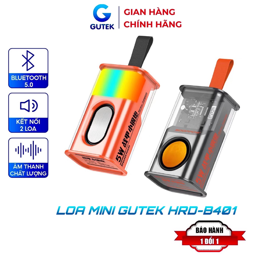 Loa bluetooth mini Gutek HDR-B401 nghe nhạc không dây bass mạnh đèn led cảm ứng kết nối 2 loa