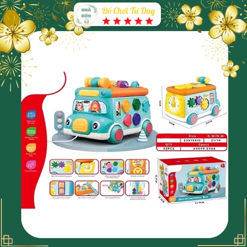 Đồ Chơi Montessori Xe Ô Tô Buýt Đa Chức Năng Gồm Phát Nhạc, Phản Xạ Đập Chuột, Đồng Hồ, Hình Khối