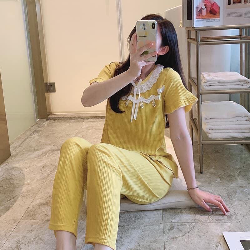 Bộ bầu trước và sau xinh phối cổ ren bèo xinh xắn,Freesize 3 màu xanh,vàng,hồng chất đũi xốp