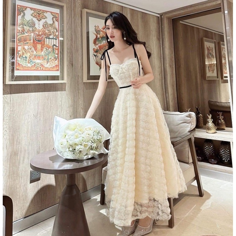 Đầm hai dây thắt nơ ren dập hoa Wabisabi N1402