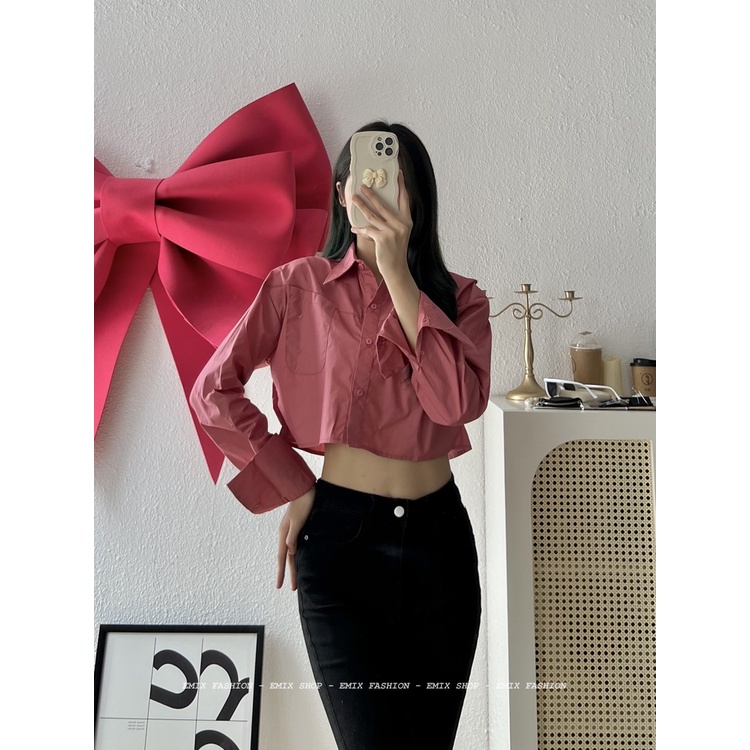 Áo sơ mi nữ dài tay EMIX, croptop, freesize dưới 53kg, chất thô boil 86127