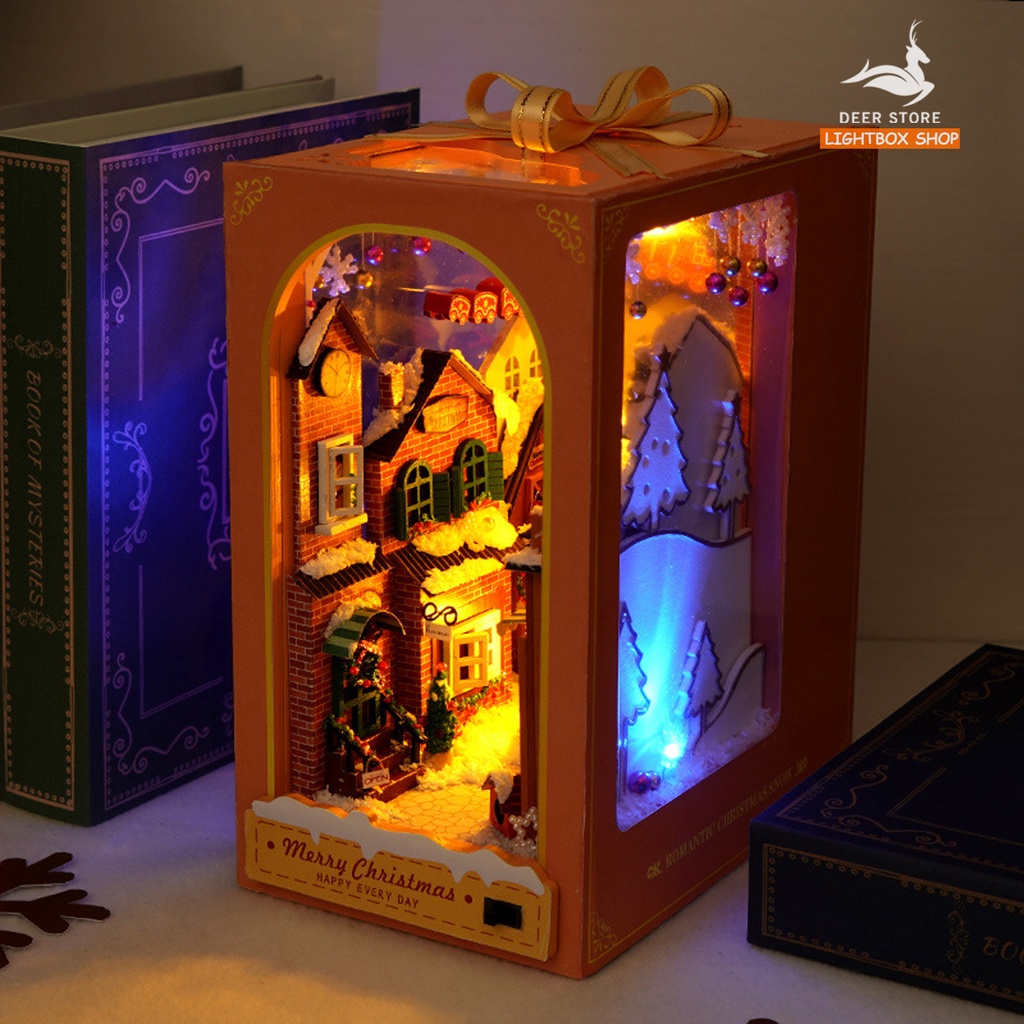 Mô hình Noel BOOK NOOK. Tăng KEO DÁN. Có đèn led. Nhà búp bê gỗ DIY Trang Trí Kệ sách. Quà tặng Noel ý Nghĩa TC38