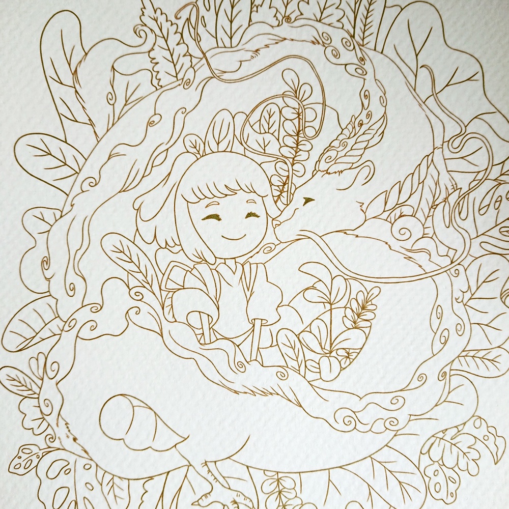 Tranh tô màu / Tranh tô màu nước Ghibli họa sĩ Three Leaves / Line Art / Khổ A5 A4 dày 300gsm