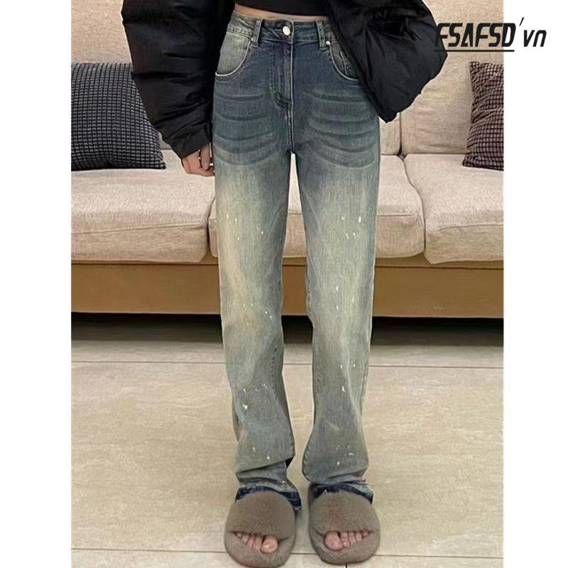 Quần Jean Dài Ống Đứng Dáng Rộng Phong Cách Retro Mỹ Thời Trang Cho Nữ