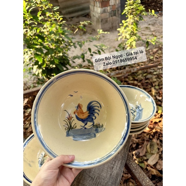 Tô Gốm Vẽ Gà Trống - Tô Tượng Size Đại 21cm - Gốm Lái Thiêu - Gốm Xưa Cho Người Hoài Niệm