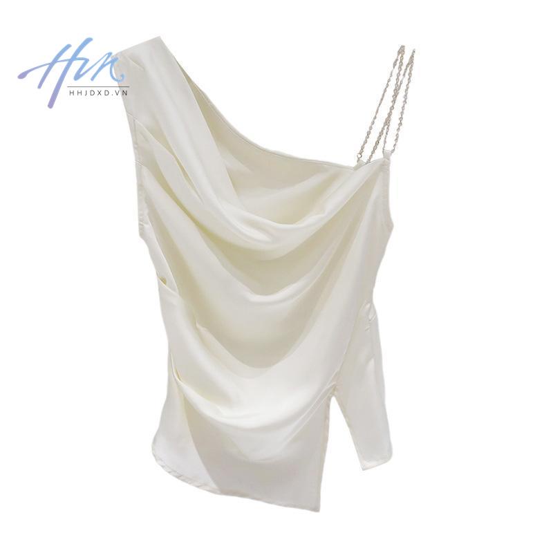 Chính Hãng Cao Cấp Áo Dây Xích Xẻ Tà Xếp Ly Lệch Vai Phối Xích Phong Cách Pháp ins Cho Nữ