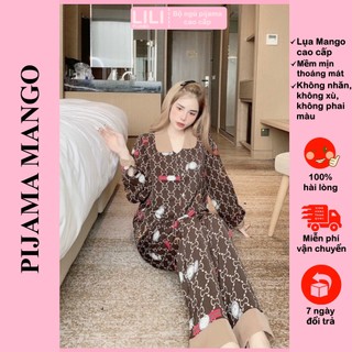 Đồ bộ mặc nhà nữ, bộ ngủ pijama chất lụa MANGO loại 1 quần dài áo dài chữ c nâu
