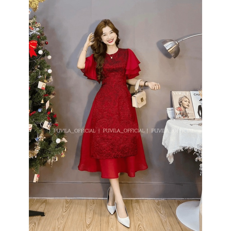 Đầm gấm tay cánh tiên áo dài cách tân