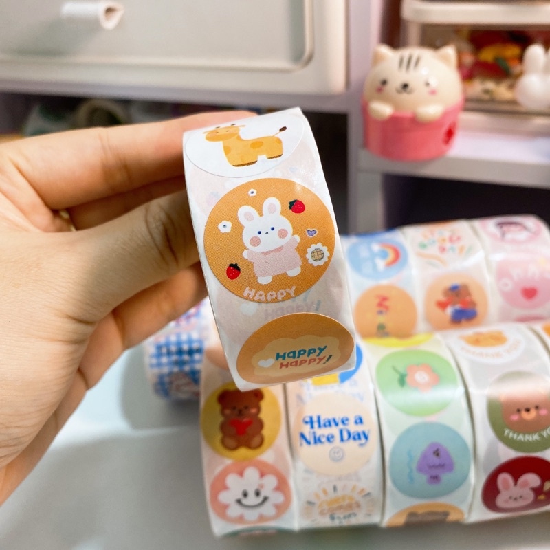 Cuộn 500 miếng dán hoạt hình ngộ nghĩnh, tem dán sticker thank you gói hàng, quà tặng