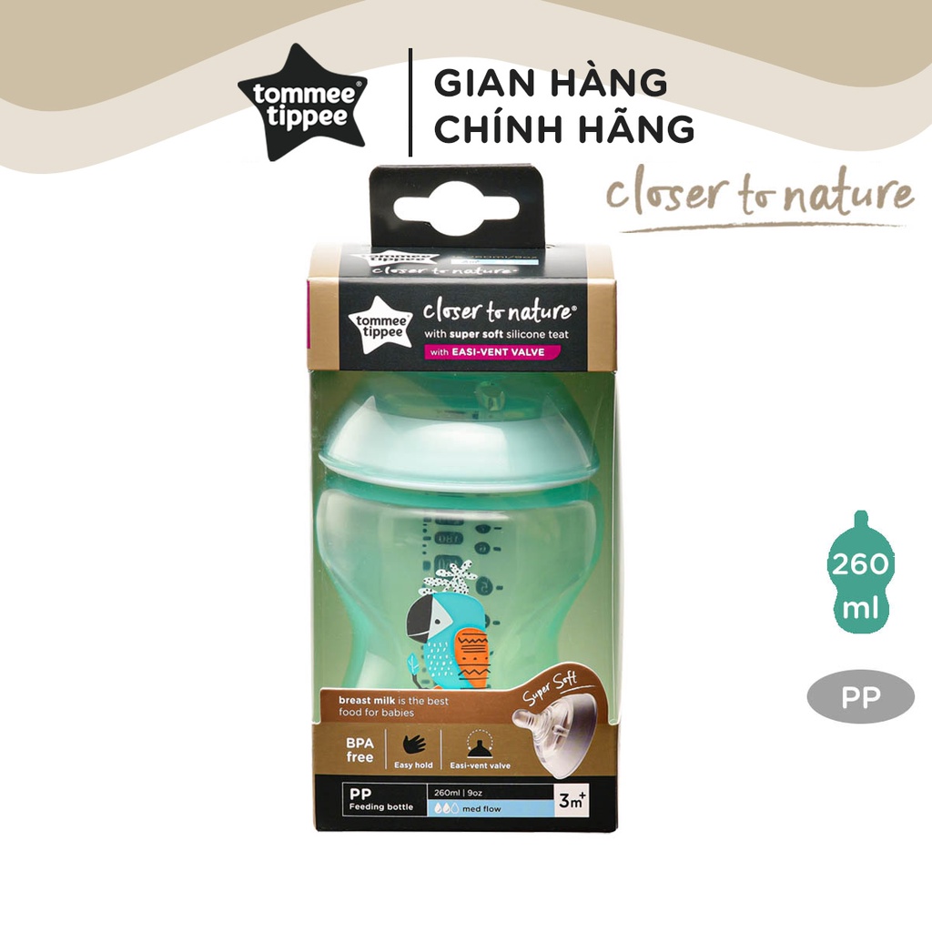 Bình Sữa Ty Siêu Mềm Tự Nhiên Tommee Tippee Closer To Nature 260ml, Núm Ty Của Bình 3-6 Tháng – Xanh Ngọc