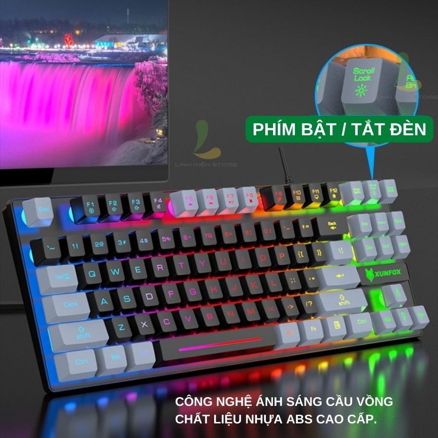 Bàn phím giả cơ gaming HOSAN xunfox K10 có dây, công thái học 87 phím LED Rainbow