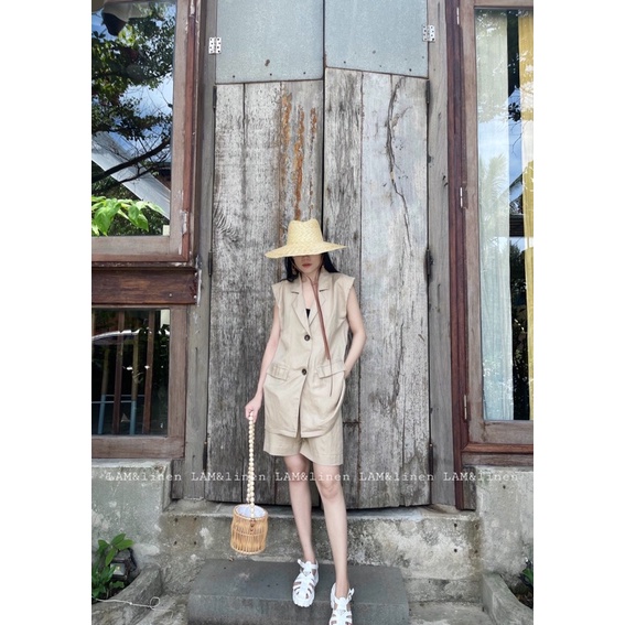 Áo Blazer sát nách dáng dài độn vai Linen cao cấp