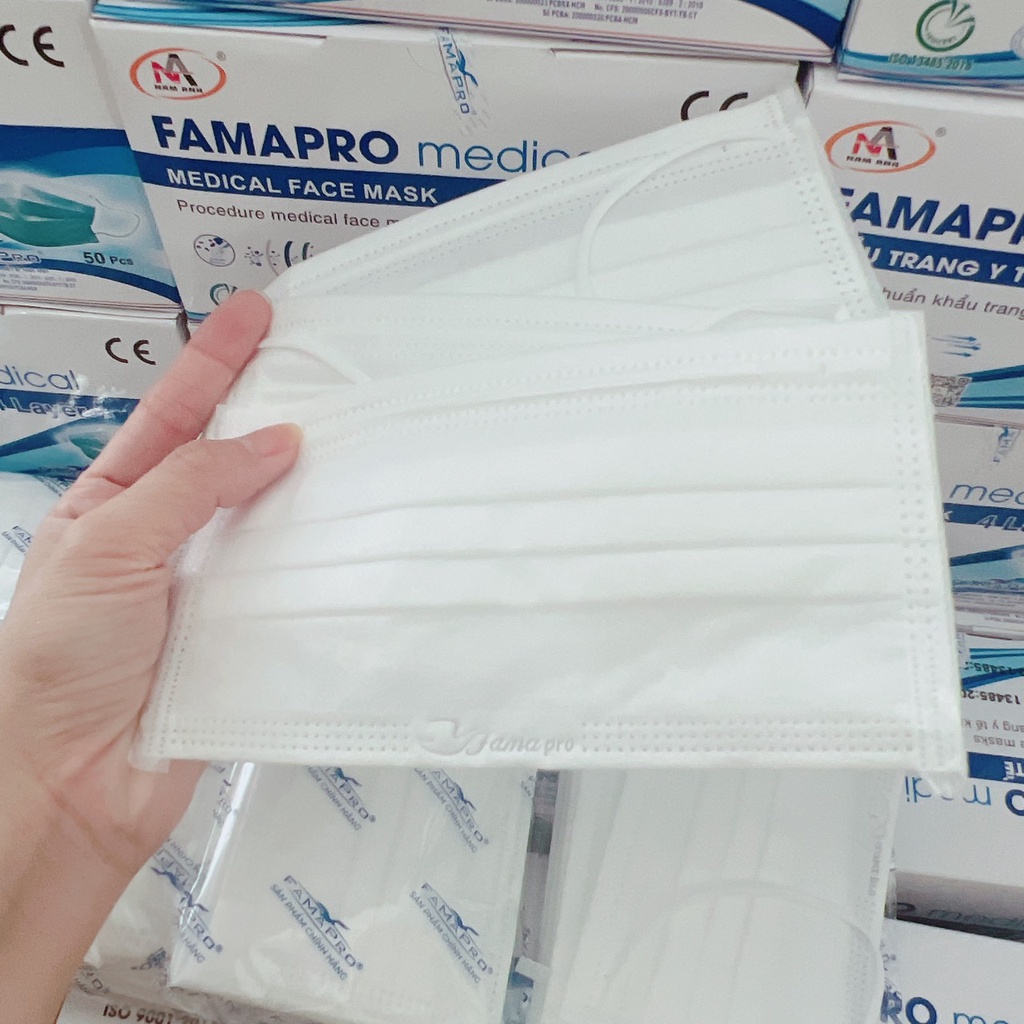 Khẩu trang y tế Famapro 4 lớp giấy kháng khuẩn hàng công ty Nam Anh hộp 50 chiếc, bảo vệ sức khỏe