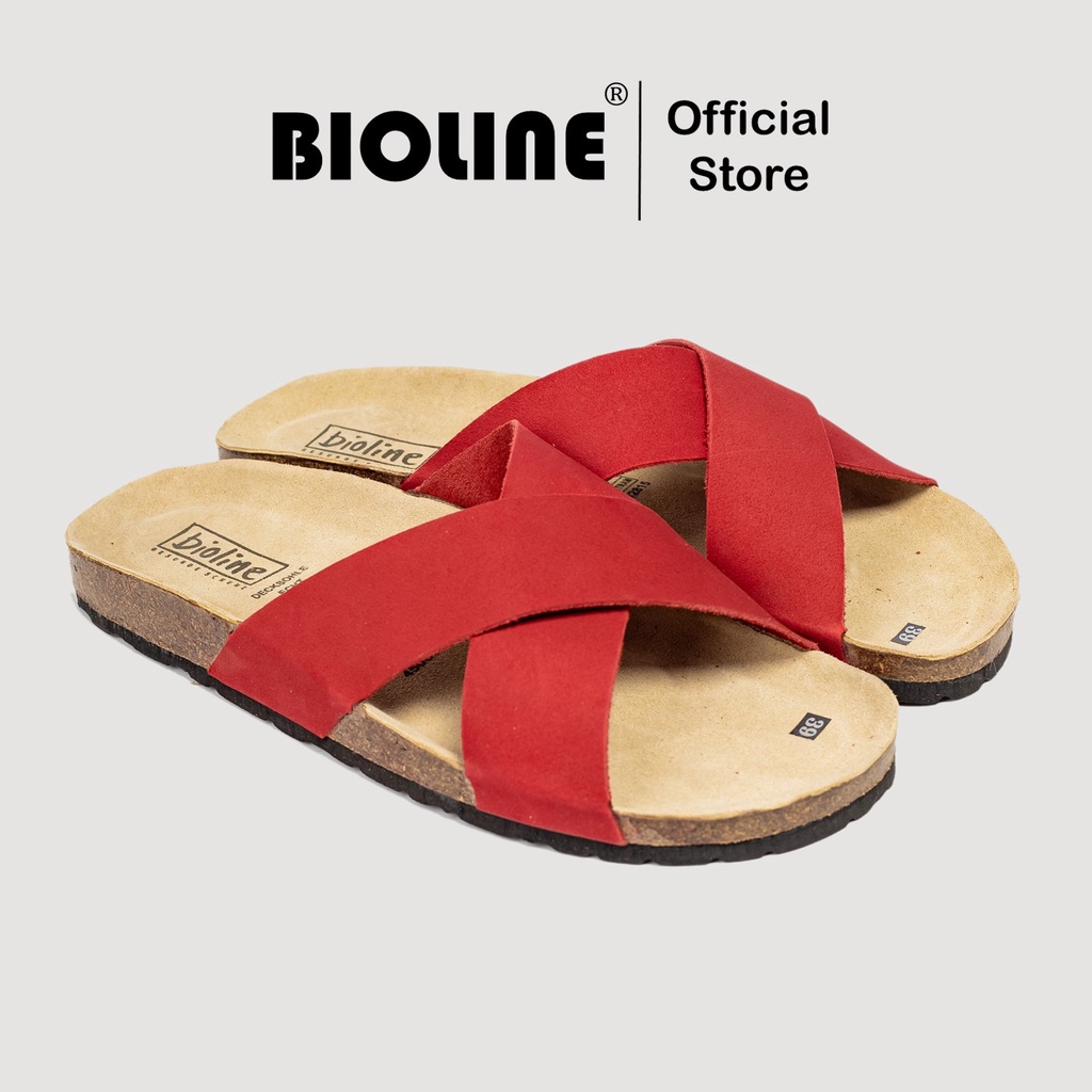 ( Mẫu Da Thật ) D03 - Dép Birken Đế Trấu BIOLINE Official Thiết Kế Unisex Quai Chữ X Da Bò Thật