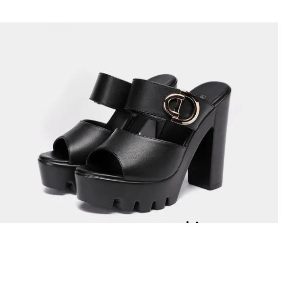 Dép cao gót quai ngang phối phụ kiện cao cấp-gót 9 phân