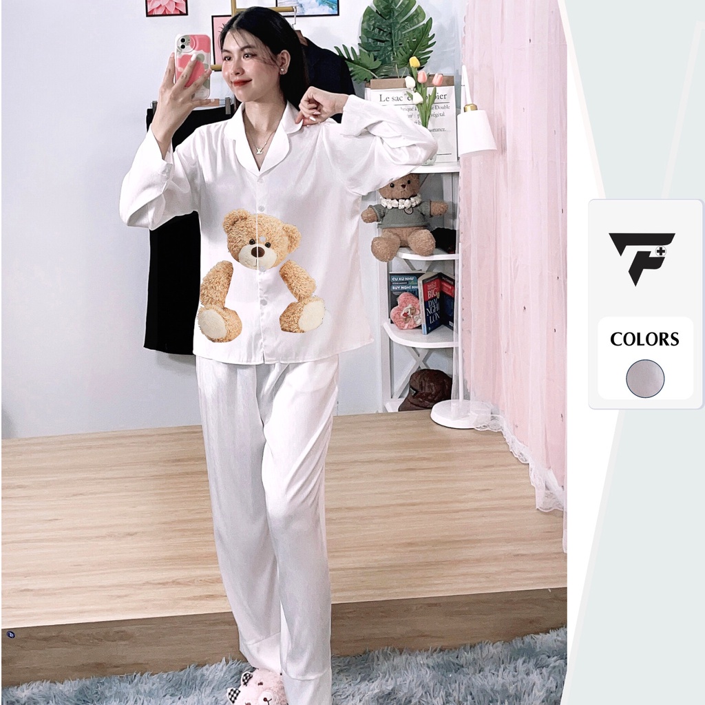 Bộ pijama Tơ Tằm Ánh Kim T4 in hình Gấu cute set đồ mặc nhà tay dài quần dài