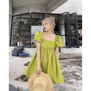 Đầm Babydoll Tay Phồng Cổ Vuông Bigsize Dáng Xòe Thắt Nơ Sau Lưng Màu Xanh Cốm Cực Trend