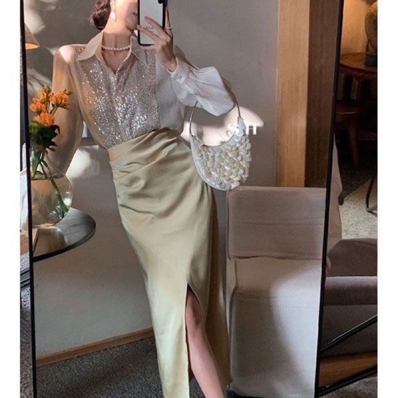 Áo sơ mi vải lụa đính nhũ kim cương,áo sơ mi công sở phong cách sang chảnh thanh lịch nhẹ nhàng