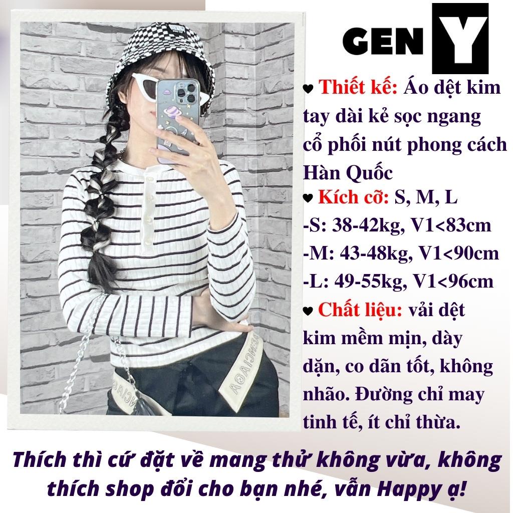Áo kiểu nữ GenY tay dài cổ V cài nút vải dệt kim dày dặn, Áo nữ mặc đông thiết kế sọc ngang cực đẹp -ADT28-