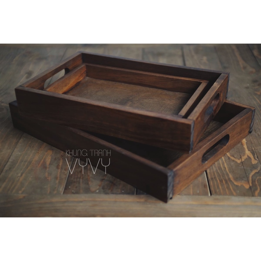Khay gỗ thông rustic có tay cầm