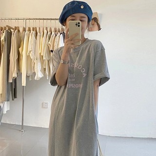 (ORDER) Váy thun cộc tay dáng dài có chữ trước ngực suông dài đơn giản basic Hàn Quốc